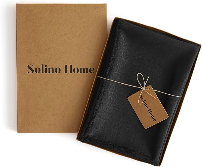 Solino Home Black Linen Napkins Set of 4-100% Pure Linen Cloth Washable Dinner Napkins 20 x 20 Inch for Christmas, New Year - Fringe