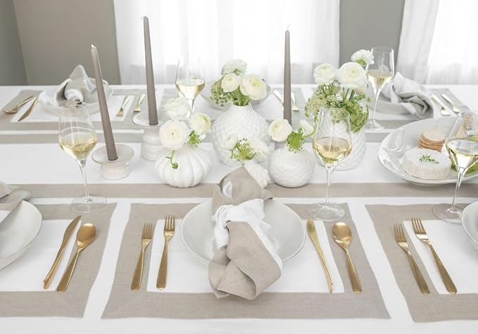 Solino Home Linen Table Runner 108 Inches Long - 100% Pure Linen Natural and White Dining Table Runner 14 x 108 Inch for Fall, Autumn, Thanksgiving, Christmas, Holiday, Winter - Contempo