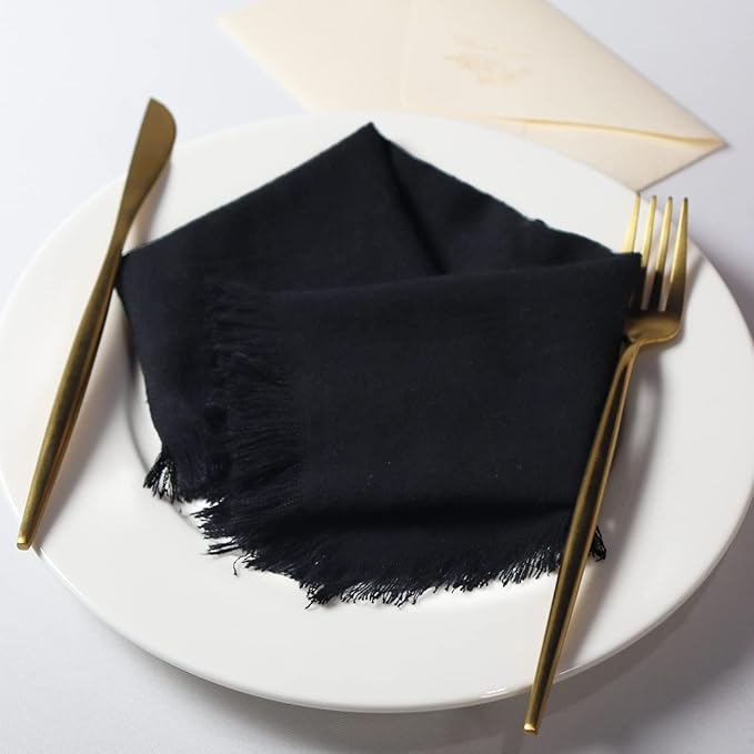 Handmade Cloth Napkins with Fringe,18 x 18 Inches Cotton Linen Napkins Set of 12 Versatile Handmade Square Rustic Fringe Napkins for Dinner, Wedding and Parties, Black
