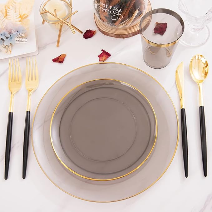 Supernal 180pcs Black Plastic Dinnerware Set Include Gold and Black Plates,Clear Disposable Plates,Gold Plastic Silverware,Clear Cups Suit for Party, Birthday