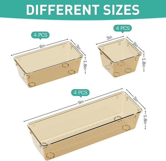 WOWBOX 9 Pack Clear Drawer Organizer Set, Acrylic Drawer Storage Trays, Storage Bins for Makeup, Cosmetics, Jewelries, Utensils, Gadgets, Office, Champagne