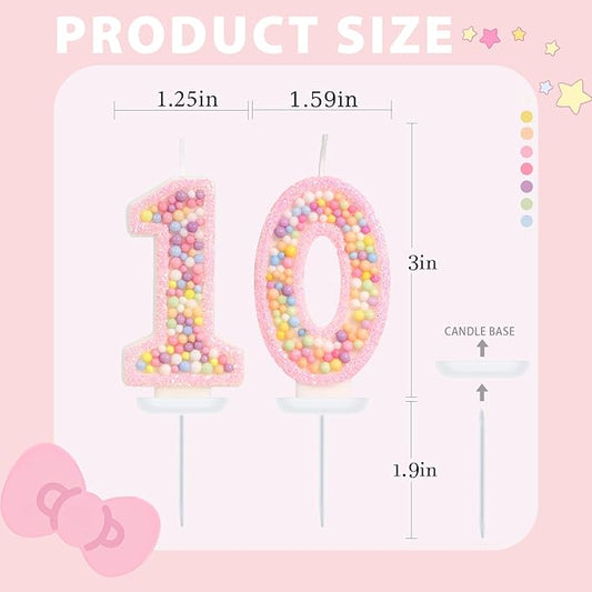 Pink Birthday Candles - Number 10 Candle, Colorful Macaron Candles, 10 Birthday Decorations for Girls Sweet Theme Party Supplies (Pink)