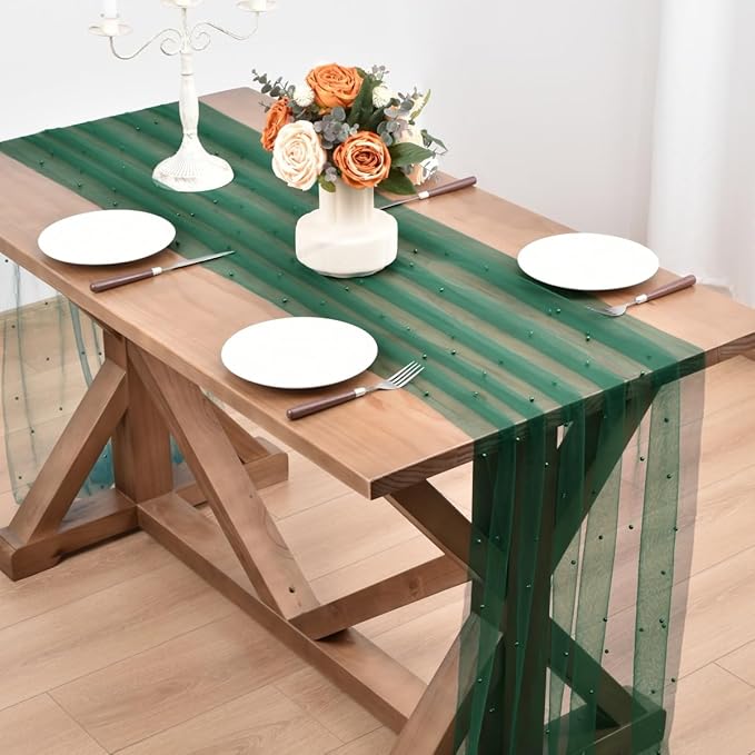 Dark Green Pearl Fall Thanksgiving Table Runner Boho Rustic Tulle Lace Table Runner for Baby Shower Wedding Arch Decor Veil Dessert Table Decor 3pcs