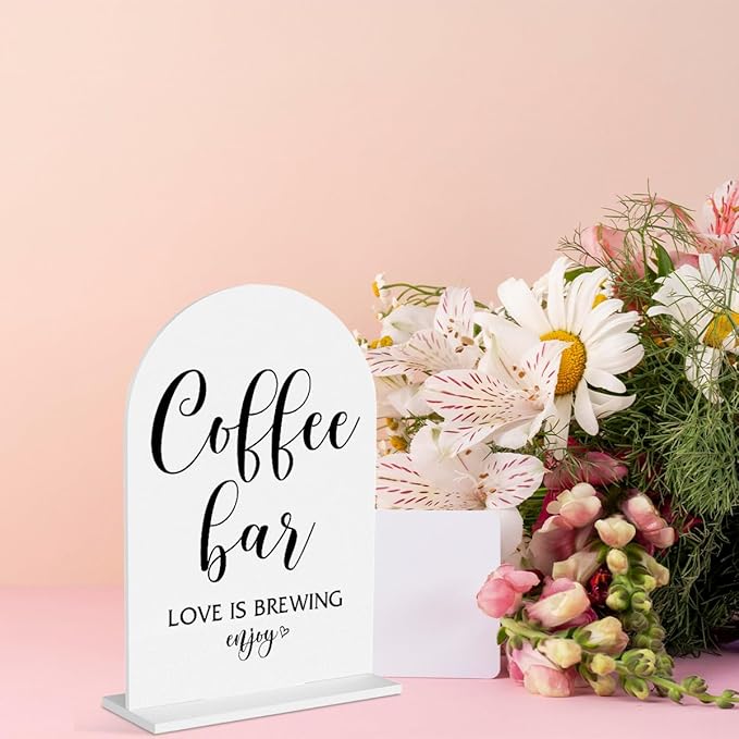Coffee Bar Sign Love Is Brewing Decorations Modern Minimalist Style Coffee Signs for Hot Cocoa Station Wedding Engagement Bridal Shower Ceremony Reception Event Clear Table Acrylic Decor