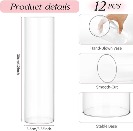 12 Pack Glass Cylinder Vases 12 Inch Tall Clear Flower Vase for Centerpieces, Hurricane Floating Candle Holder Wedding Decorations, Floral Vase Bulk for Table Shelf Party Home Deco (12 x 3.35 Inch)