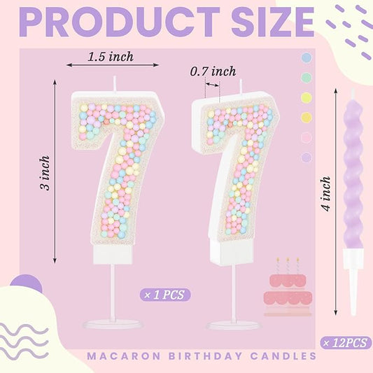 MTLEE Number 7 Birthday Candle with 12 Pcs Spiral Candles for Girls Macaron Pastel Rainbow Unicorn Pink Cake Topper for Sweet Theme Party Decoration