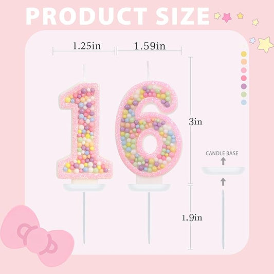 Pink Birthday Candles - Number 16 Candle, Colorful Macaron Candles, Sweet 16 Cake Topper 16 Birthday Decorations for Girls, Sweet Theme Party Supplies (Pink)