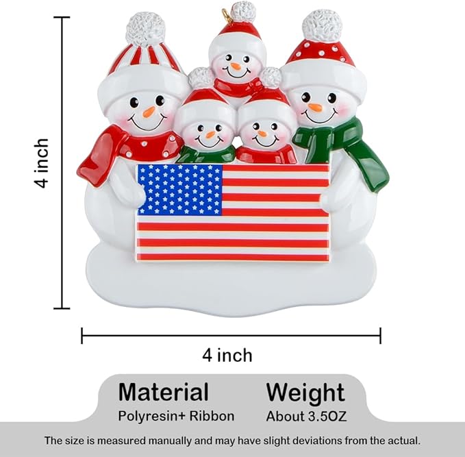 MAXORA Personalized Patriotic Snowman Family of 5 Ornament – Customizable Christmas Decoration with USA Theme, Family Names Customized, for American Homes