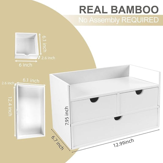 Bamboo Desk Organizer with 3 Drawers, Countertop Organizer with Drawers Makeup Storage Drawer 3 Drawer Tabletop Storage Organization Box Home Office Workspace(White)