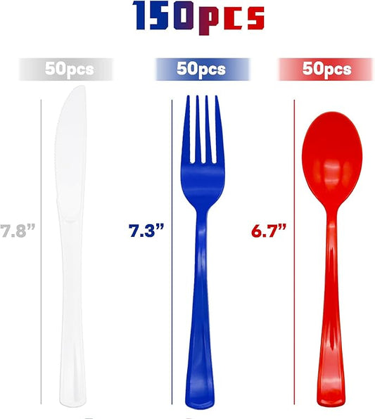 150Pcs 4th of july Plastic Silverware, Red White and Blue Silverware Set Includes 50 Red Spoons, 50 Blue Forks and 50 White Knives for Memorial Day, Flag Day, 4th of July, Veteran's Day