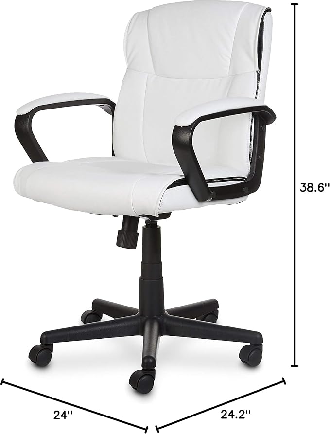 Amazon Basics Office Task Chair with Adjustable Height, 360° Swivel, Padded Armrests, Mid-Back, 275 Pound Capacity, BIFMA Certified, 24.2"D x 24"W x 38.6"H, White Faux Leather