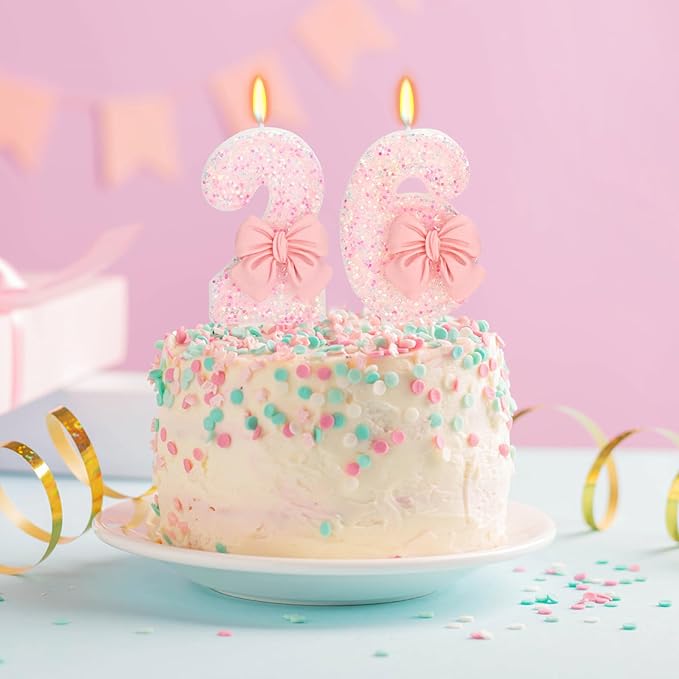 26th Birthday Candles for Cake, Pink Bow Number Cake Candles, 2.76 inch Number Happy Birthday Candle, Cake Topper Decoration for Birthday Party (Number 26)