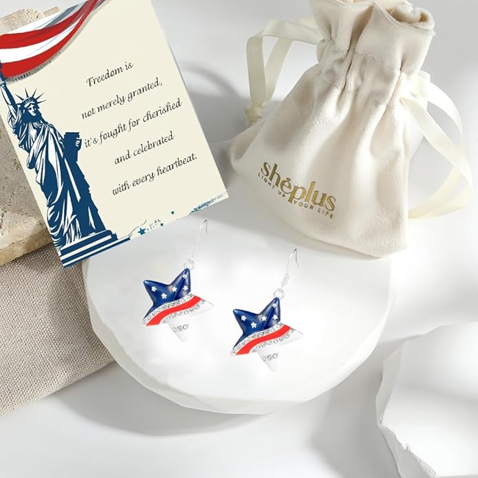 Patriot Day Gift Independence Day USA 4th of july Memorial Day Red White and Blue Dangle Star Earrings for Women