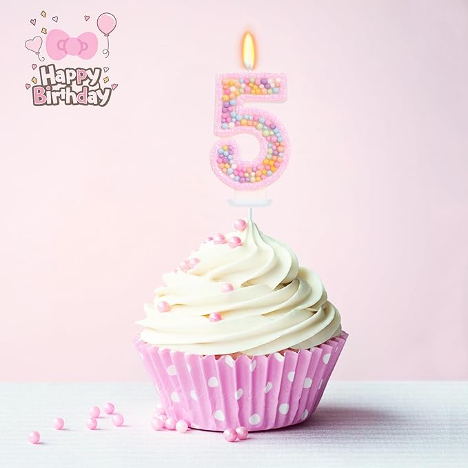 Birthday Candles for Girls - Number 5 Candle, Colorful Macaron Candles, 5 Cake Topper Cake Decorations, 5th Birthday Decorations Girl, Theme Birthday Party Supplies (Pink)