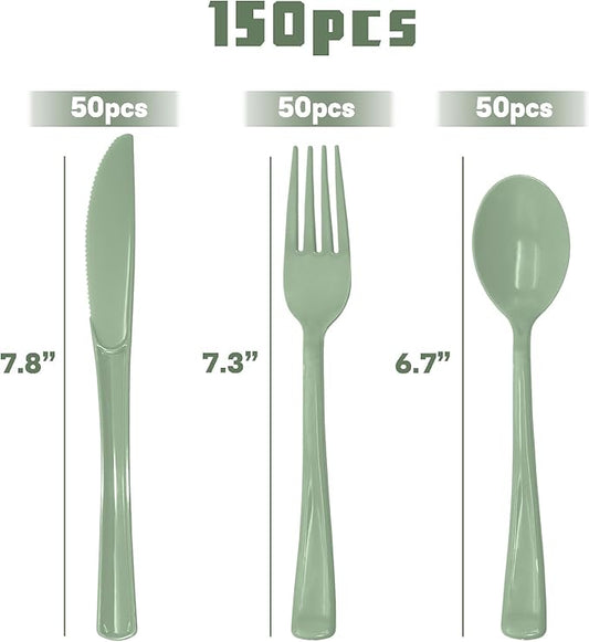150 PCS Sage Green Plastic Silverware Heavy Duty Green Silverware Disposable Include 50 Disposable Plastic Forks, 50 Knives, 50 Spoons for Birthday, Baby Shower, Picnic, Spring Party, Wedding