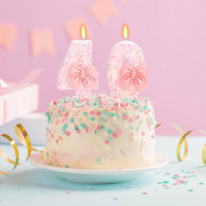 40th Birthday Number Cake Candles, Pink Bow, 2.76 inch, 2 Pack, Modern Style, Smokeless, Non-Toxic, Birthday Decoration