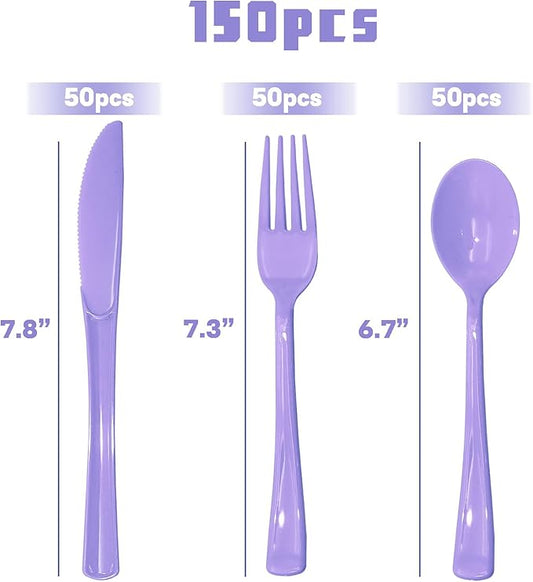 150 Pcs Purple Plastic Silverware, Purple Utensils, Silverware Set Includes 50 Plastic Forks, 50 Spoons, 50 Knives Disposable for Birthday, Celebration, Baby Shower