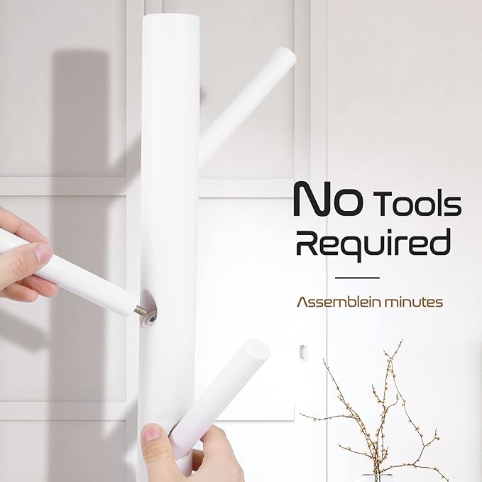 Solid Wooden Coat Rack Freestanding, New Zealand Pine Coat Tree with 8 Hooks & 3 Adjustable Sizes for Coats, Hats, Handbags and Scarves, Space Saving for Entryway/Office/Bedroom (White)