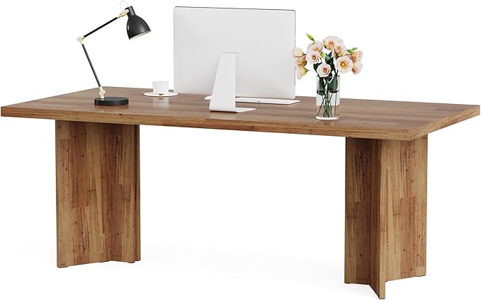Tribesigns 63-inch Executive Desk, Vintage Home Office Computer Desk with Large Tabletop, Farmhouse Wood Writing Conference Table Workstation for Office, Study, Walnut Brown
