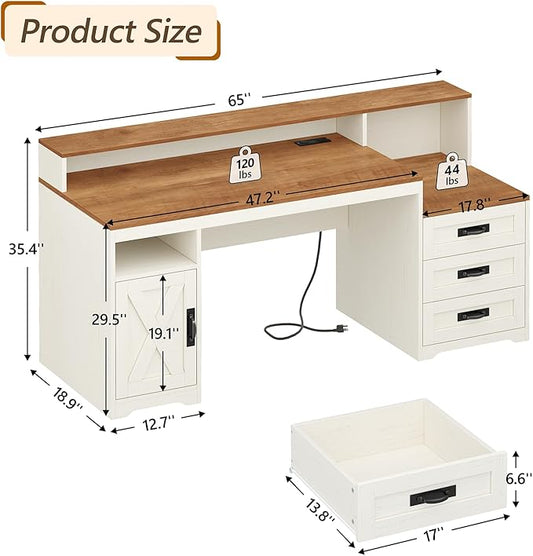 TVU Farmhouse Computer Desk with Drawers, 65'' Home Office Desk with Power Outlets, Storage Cabinet and Printer Stand, Study Writing Desks with Long Monitor Stand, Brown and White
