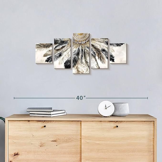 ElephantStock - Necklace Of Feathers Iii Wall Art - Horizontal Multi Panel Canvas - 5 Piece Living Room Wall Decor - Painting Multi Piece Wall Art - Brown And Gray Decor by Eva Watts - 29" x 12"