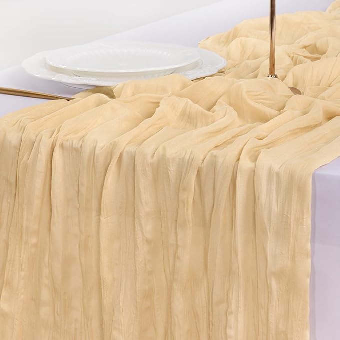 Socomi 3pcs Gold Champagne Cheesecloth Table Runner Fall Thanksgiving Boho Rustic Gauze 120 inch 10FT Cheese Cloth Runner for Wedding Party Baby Shower Birthday Home Decor Holiday Decorations