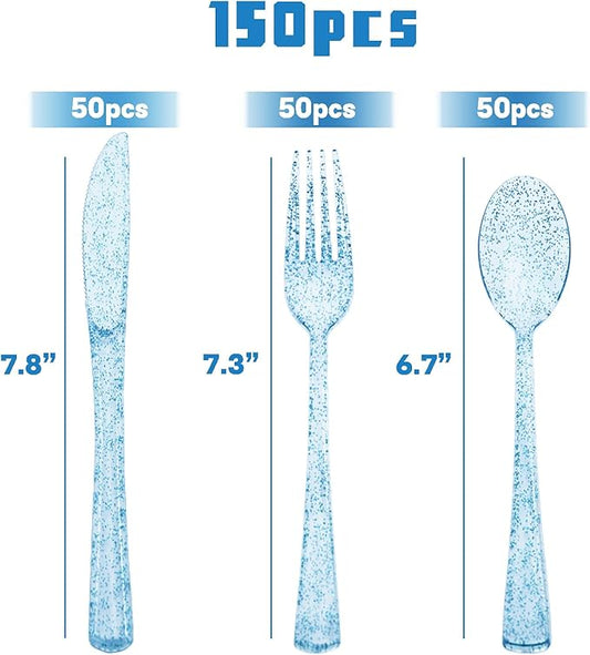 150 Pack Blue Plastic Silverware, Blue Glitter Silverware Plastic Utensils Set Includes 50 Forks, 50 Knives, 50 Spoons for Brithday, Baby Shower, Picnic