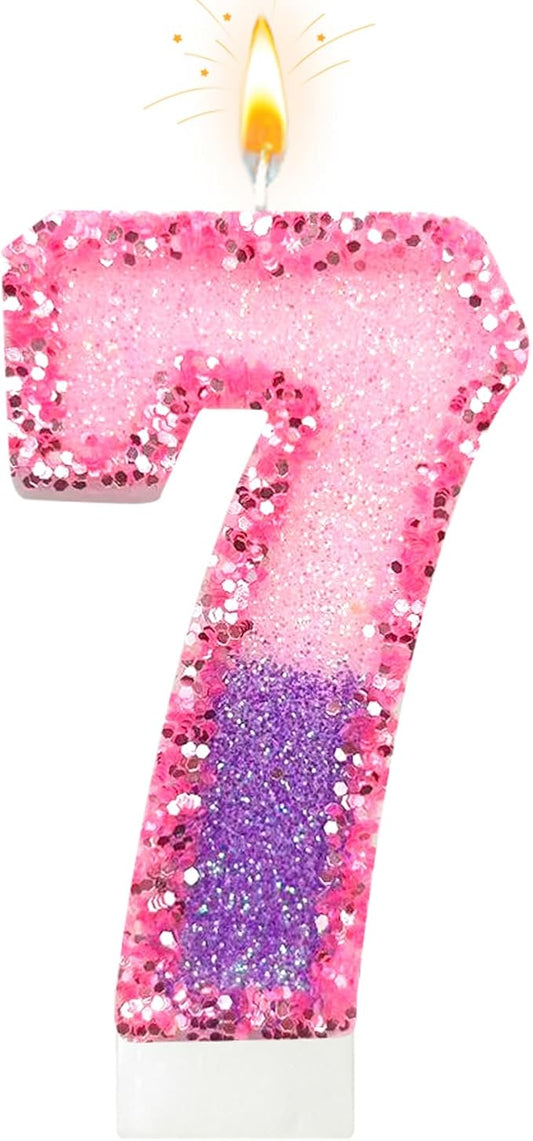 Birthday Number Candles for Cake, Pink Purple Glitter Number Candles for Cake Toppers, Ideal Birthday Parties Cake Decor, Wedding Anniversary and Other Celebrations (7 Candle)
