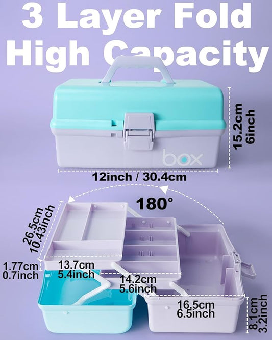 12in 3-Layer Plastic Craft Organizers and Storage, Portable Folding Tackle Box with Handle & Adjustable Dividers, Multipurpose Case for Sewing, Art Supplies, Medicine, Tools (Purple Blue)