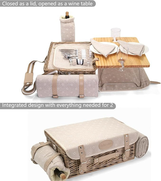 Multifunctional Wicker Picnic Basket Set for 2 with Blanket and Picnic Table, Insulated Picnic Set with Full Tablewares for Camping Outdoor Couples, Flowers