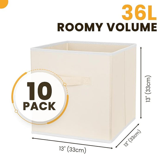 Criusia Large Storage Cubes, 13 Inch Cube Storage Bins for Shelves Closet Nursery Bedroom - 10 Pack Collapsible Storage Baskets with Handles - Fabric Bins for Organizing Clothes Blanket Toys (Beige)
