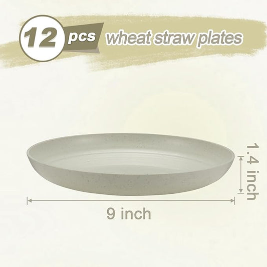 12 Pcs Unbreakable Deep Dinner Plates Set, 9 inch Reusable Plastic Wheat Straw Plates, Microwave and Dishwasher Safe Plate for Kitchen, Lightweight Plate for Dessert, BPA Free, Beige