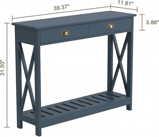 ChooChoo Console Table with Drawer for Entryway, Narrow Long Entry Table with Shelf for Living Room, Rustic Vintage Hallway Sofa Table with Stable X Supports, 40 Blue