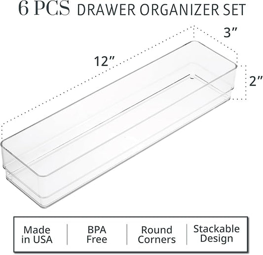 STORi SimpleSort 6-Piece Stackable Clear Drawer Organizer Set | 12" x 3" x 2" Rectangle Trays | Narrow Makeup Vanity Storage Bins and Office Desk Drawer Dividers | Made in USA