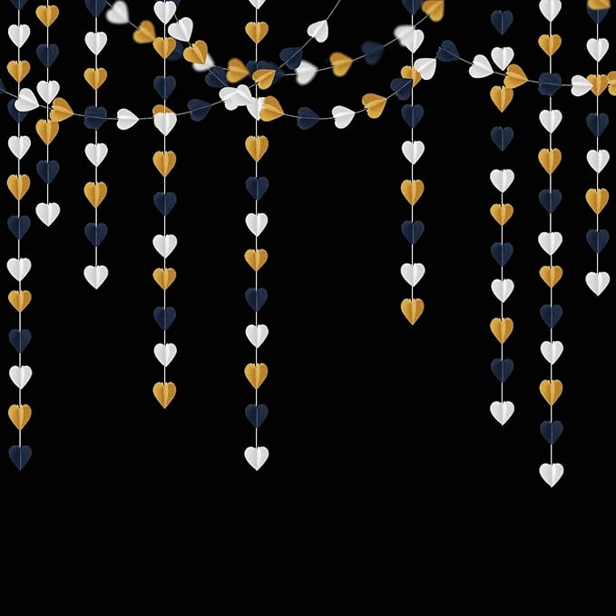 Navy-Blue White Gold 3D-Heart Garland - 39Ft Graduation Hanging Decoration Streamers Banner,Bridal Birthday Engagement Bachelorette Baby Shower Christmas Baby Shower Valentines Party Decor Ouruola