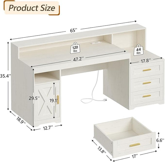 TVU Farmhouse Computer Desk with Drawers, 65'' Home Office Desk with Power Outlets, Storage Cabinet and Printer Stand, Study Writing Desks with Long Monitor Stand, White
