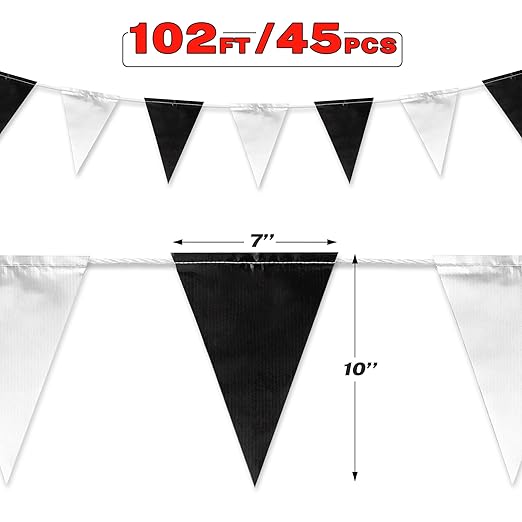 Black & White Pennant Banner Flags | Heavy-Duty Outdoor | OSHA 500lb Rated | Strand Fade Resistant ă102FTă