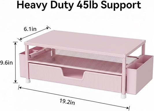 Desk Organizer and Accessories, 2-Tier Computer Monitor Stand Rise with Storage Drawer & 2 Pen Holders, Laptop & Printer Stand for Desktop, Workspace Organizers for Office Supplies (Pink)