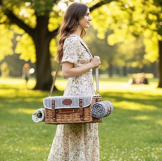 Multifunctional Wicker Picnic Basket Set for 4 with Blanket and Picnic Table, Insulated Picnic Set with Full Tablewares for Camping Outdoor Couples, Stripes