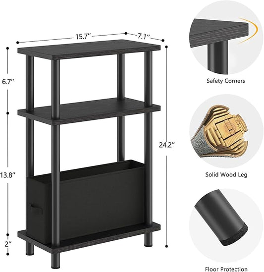 Apicizon Small Narrow Side Table, 3-Tier Skinny End Table withFabric Basket, Slim Nightstand Bedside Table for Small Spaces, Living Room, Bderoom, Black