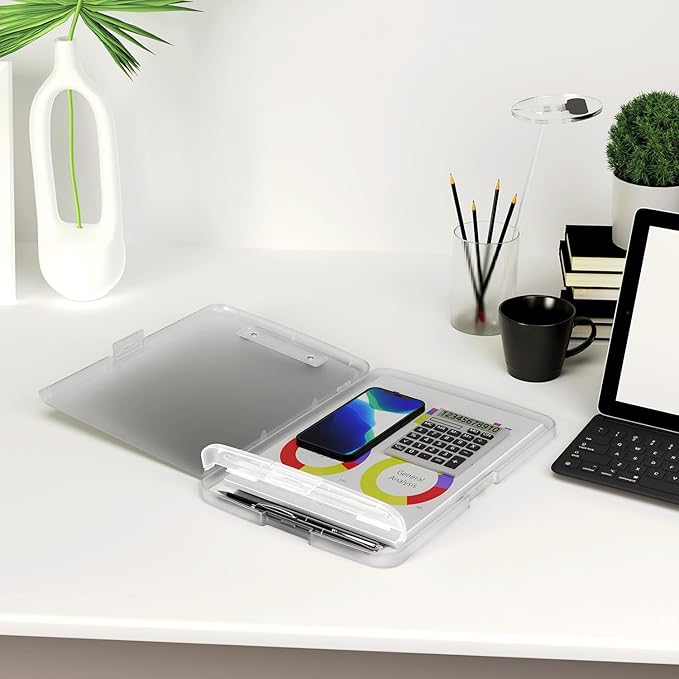 Piasoenc Clipboard with Storage, 8.5 x 11 Organization Box with Pen Holder and A4 Legal Paper Folder, Folio & Side-Opening, Low Profile Clip,for Nurses,Teachers, Size 14 x 9.6 x 1.2 in,Translucent