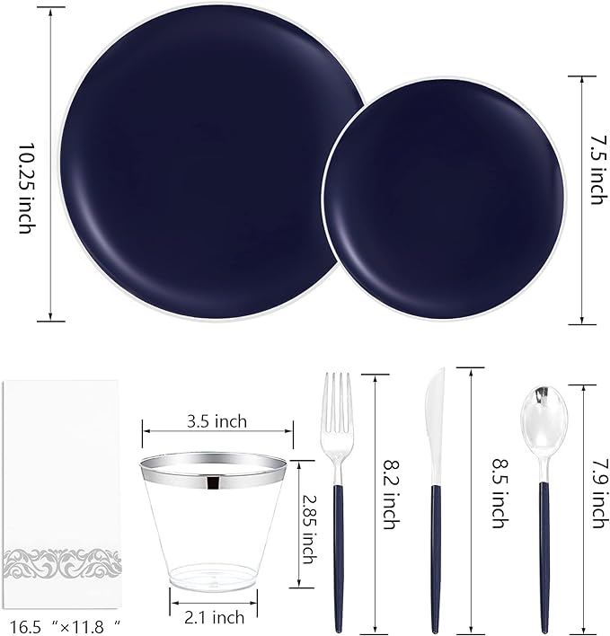 KIRE 175Pcs Blue Plastic Plates with Silver Rim & Disposable Silverware with Blue Handle & Silver-rim Cups & Hand Napkin & Plastic Dinnerware for Hanukkah/Parties/Wedding