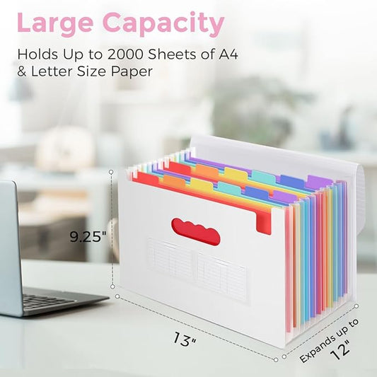 SKYDUE Accordion File Organizer, Expanding File Folder with 13 Pockets, Portable Document Paper Bill Receipt Organizer, Home School Office Supplies, Letter A4 Size White