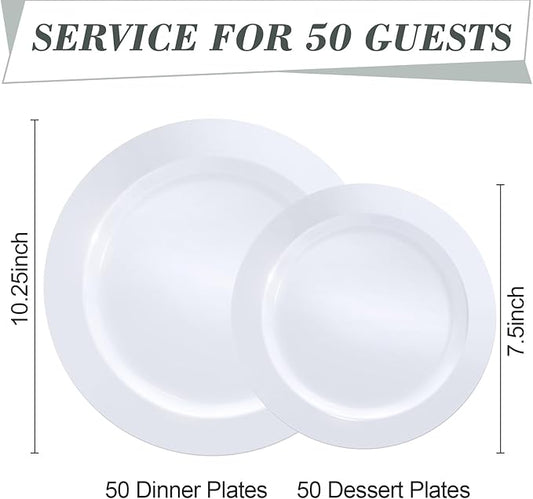 100PCS White Plastic Plates, White Disposable Plates for 50 Guests, 50 Dinner Plates 10.25 inch and 50 Dessert/Salad Plates 7.5 inch for Party, Graduation, Wedding
