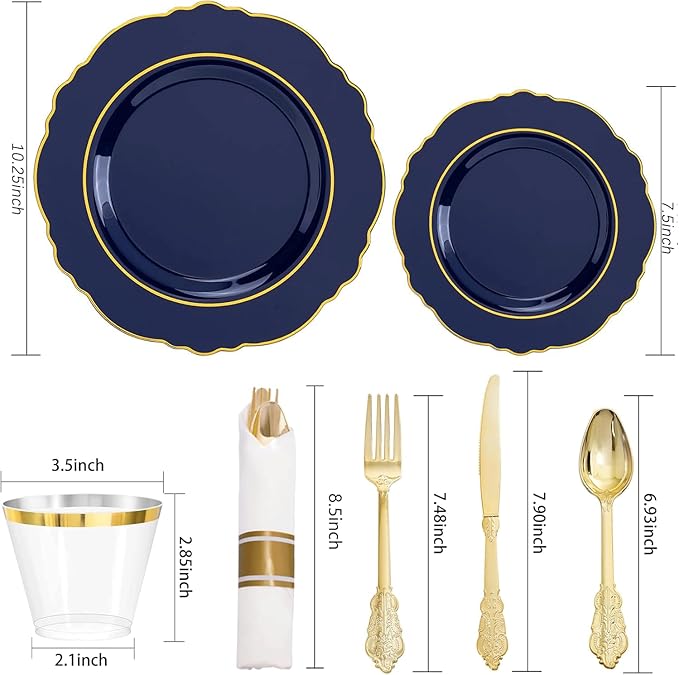 Liacere 350PCS Navy Blue Plastic Plates-Disposable Blue Gold Plates 50guest Plastic Dinnerware include 100Plates,50Pack Pre Rolled Napkins with Silverware 50Cups for Christmas & Hanukkah