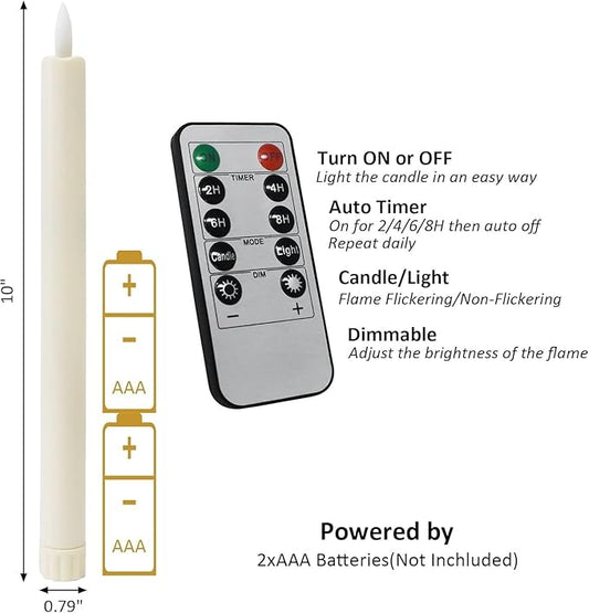 12PCS Flameless Taper Candles with 3D Flickering Flame Battery Operated Candles with 2 Remote with Button Cell Battery 10 Inch Ivory LED Candlesticks Window Candle for Christmas Home Decor