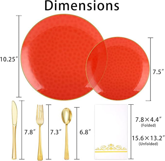 150 Pcs Red Plastic Plates - Fancy Plastic Dinnerware Set for 25 Guests - 50 Red Disposable Plates, 75 Gold Silverware, 25 Napkins for Party Birthday Christmas