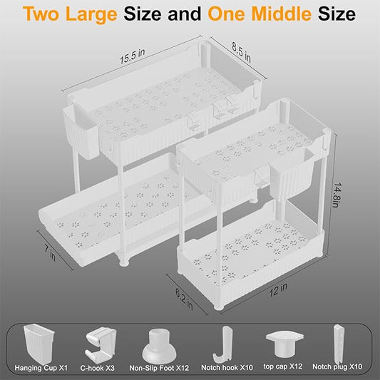 3 Pack Under Sink Organizers, 2-Tier Multi-Use Kitchen and Bathroom Organizers and Storage with Sliding Drawers, Bathroom Cabinet Organizer (White, 14.8 Inch)