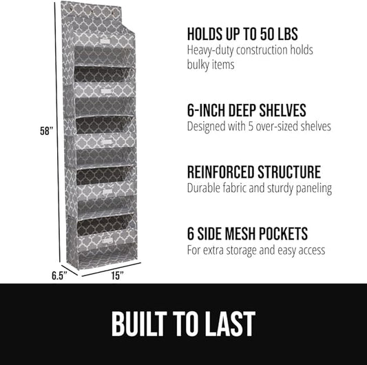 GORILLA GRIP Over The Door Organizer Storage, 5 Deep Hanging Shelves, Holds 50lbs, Closet Organizers Shelf for Bedroom, Shoes, Bathroom, Nursery, Dorm Essentials, 58x15 Inches, Quatrefoil