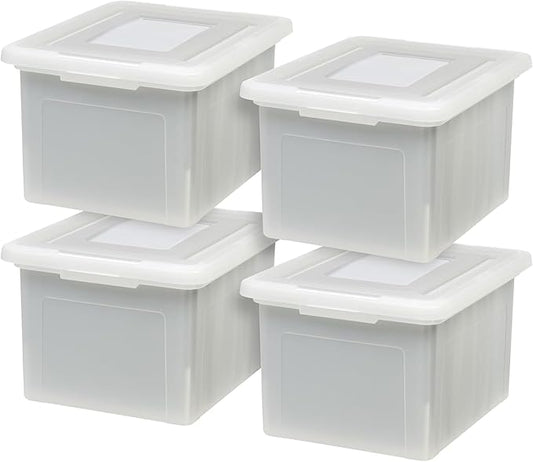IRIS USA 8 Pack File Box, Plastic File Organizer with Lids for Letter/Legal File, Portable Document Box, Storage Bin with Secure Lid, Pearl 35 Qt.